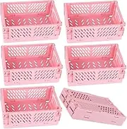 6 Pack Folding Storage Baskets, Plastic Collapsible Storage Crates, Durable ABS Plastic, Pink, Perfect for Desk Organizers, Home, Kitchen, Bathroom