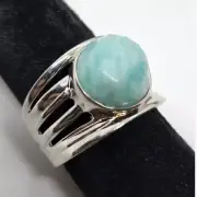 Faceted Pale Blue Larimar & Triple Shank Sterling Silver Boutique Ring Sz 73/4