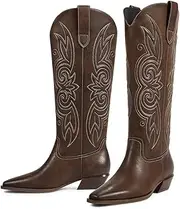 [ISNOM] Cowboy Cowgirl Boots for Women, Western Boots Square Toe Knee High Boots with Short Heel