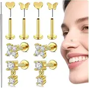 [MODRSA] Threadless Flat Back Earrings Silver Threadless Nose Stud 20g Flatback Nose Ring Pin Heart Cartilage Earring for Women Helix Conch Earring Studs Tragus Labret Lip Piercing Jewelry 6mm 8mm