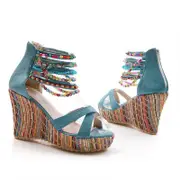 Nevenka Women's Wedge Sandals with Pearls Platform High Heels Shoes-Blue