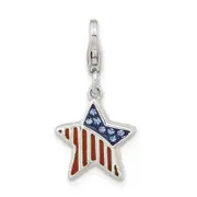 Sterling Silver Amore La Vita Rhodium-Plated Polished Enameled Crystal From Swarovski Reversible American Flag Star Charm With Fancy Lobster Clasp