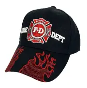 FD Fire Dept. Flames On Visor Ball Cap Adjustable Embroidered Black/Red Hat