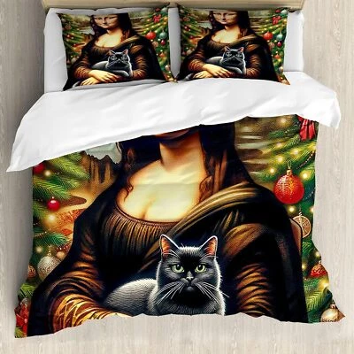 Duvet Cover Set, Smiling Mona Lady Interpretation with Black Cat and Xmas Tree