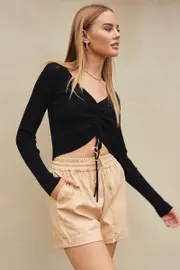 Beige Shorts High Rise Elasticated Waist Faux Leather - Size 14, Women's Shorts