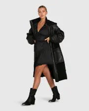[Belle & Bloom] Back to Black Oversized Leather Panelled Coat - Black