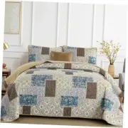 Fall Patchwork Quilt Set Queen Size 3 Pieces Brown Floral Plaid Bedspread Set