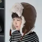 PU Leather Kids Plush Pilot Hat Warm Ski Cap with Glasses Windproof Outdoor