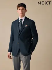 Navy Regular Fit Cotton Blend Blazer With Linen and Lyocell (E93124) | $155