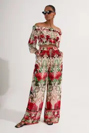 Beach Viscose Georgette Mirrored Rose Print Wide Leg Pants