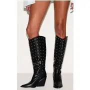 Black PU Point Toe Silver Stud Knee High Block Heel Western Boots, Black