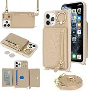 SunYoo for iPhone 11 Pro Crossbody Case with Card Holders Money Slots Zipper Coin Purse Rotatable Ring Kickstand Cover Wristlet Strap Lanyard Litchi Leather Wallet Flip Cover for iPhone 11Pro Cream