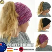 Womens Sofy Knit Stretchy Ponytail Beanie Crochet Messy Bun Beanies Ski Hat AUS