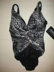 MIRACLESUIT Black & Gray Monteverde Charmer 1 PC Swimsuit Sz 10 NWT