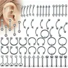 60Pcs Stainless Steel UV Nose Stud Tongue Belly Barbell Eyebrow Piercing Jewelry