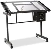 Artiss Drawing Table, Metal Adjustable Drafting Tables Desk Craft Standing Desks for Artwork Work Bench Painting Studio, Tempered Glass Desktop with Removable Drawers Storage Tray Castor Pad Black