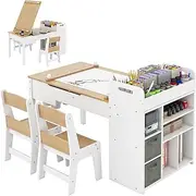 HONEY JOY Kids Art Table & 2 Chairs Set w/Paper Roll, Craft Desk w/Flip-up Tabletop, Storage Shelves, 8 Paint Cups, Fabric Bins & Portable Art Supply Organizer for Drawing, Activities, Study, Natural