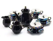 Black Gold Teapot Sugar Creamer 4 Spider Black Gold Luster Tea Cup & Saucer Set