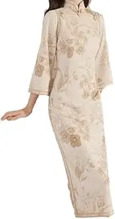 [OLEETS] Women's Cheongsam Dress -Autumn Winter Retro Floral Qipao Chinese Improved Women Dresses Oriental Traditional Clothes Mid-Length Slim Sexy for Banquet Party