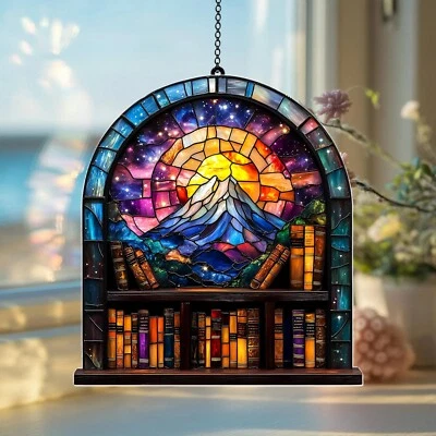 Library Bookshelf Acrylic Suncatcher, Book Lover Window Hanging, Home Decor