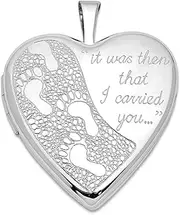 [JewelryWeb] 925 Sterling Silver Textured Polished Patterned Satin Back Holds 2 photos 20mm Footprints Love Heart Locket-Locket Necklace for Women