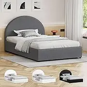 ALFORDSON Gas Lift Bed Frame, Single Size Bed Base with Headboard and Storage Base, Linen Fabric Upholsttery Mattress Foundation for Bedroom, Howell Series Fabric Grey