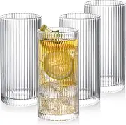 [POLIDREAM] Drinking Glasses Set of 4, 12oz Ribbed Glassware Vintage Whiskey Glasses Embossed Glass Tumblers Cocktail Glasses Water Glasses for Beer Juice Whiskey Cocktail Milk(7x7x14.4cm)