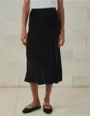 The White Company Silk Velvet Bias Cut Festive Midi Skirt, Black UK 12, RRP £159