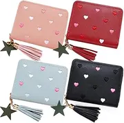 [PIGIAOKA] 4 Pcs Girls Purses, PU Leather Wallets Coins Pocket Purse Credit Card Holder Zipper Wallet with Embroidery Hearts Star Pendant Tassels Cute Purse for Teens Girls Childrens Ladies Women, Pink