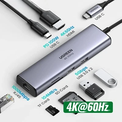 USB C HUB 4K60Hz 7-in-1 Type C to HDMI PD100W SD&TF RJ45 USB3.0 5Gbps