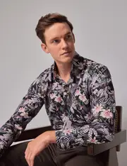 Hawes & Curtis Green & White Floral Slim Shirt | High Collar Size: XS