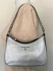 Michael Kors Jet SET Charm Silver Pebbled Leather Small Pochette Bag