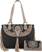 [Montana West] Handbags Cut-Out Embroidered Western Fringe Tote and Purses Set