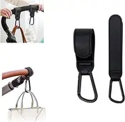 Baby Stroller Hooks Clips, Convenient Pushchair Accessories Mommy Bag Hooks for Hanging Diaper Bags, Multipurpose Hooks for Grocery Shopping Bags Premium Vegan Leather Pram Straps 2 Pcs (Black)