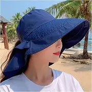[TOMYEUS] Sun Hats Summer Sun Hat with Neck Protector and Shade Outdoor Travel Large Brim Women's Bucket Hat Beach Cap (Color : Blue)