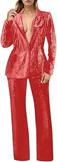 [Zadaos] Womens Suits Set Sequin 2 Piece Pants Set Notch Lapel Slim Fit Formal Pants Suits