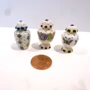 SET OF 3 DOLLHOUSE MINIATURE LIDDED VASES WHITE WITH A BUTTERFLY DESIGN & FLORAL