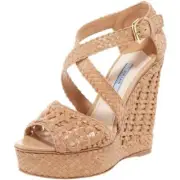 PRADA Sandals Madra Woven Platform Beige Crisscross Natural 37.5 Wedges 7.5