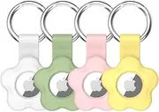 Alsukeay 4 Pack Holder Case for AirTag Tracker with Keychain Flower Silicone Protective Cover with Loop Key Ring for Kids Pets Wallet Backpacks Luggage (White/Green/Pink/Yellow)