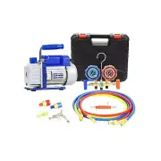 P PBAUTOS 3CFM 1/4HP Single Stage Vacuum Pump and 3-Way Manifold Gauge Set fo...