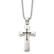 Stainless Steel Chisel Brushed And Polished With Black Rubber Cross Pendant On A 24 Inch Ball Chain Necklace