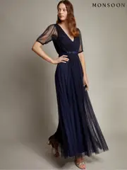 Monsoon Blue Ellie Sheer Sleeve Plunge Tulle Maxi Dress (F22762) | $288