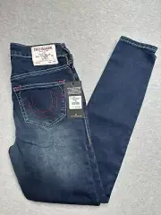 NWT True Religion Womens Blue Halle Denim Skinny Leg Jeans Dark Scorched Size 25