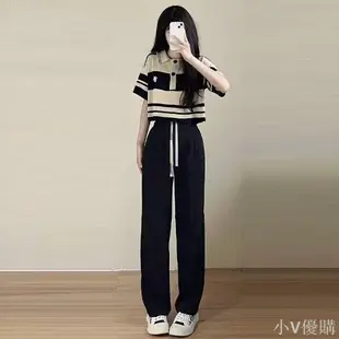 時尚套裝女夏季新款韓版寬松鹽系穿搭條紋Polo領上衣闊腿褲兩件套