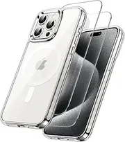 JETech 3 in 1 Magnetic Case for iPhone 15 Pro Max 6.7-Inch with 2 Pack Tempered Glass Screen Protectors, Compatible with MagSafe, Shockproof Bumper Phone Cover (Clear)