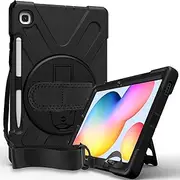 Galaxy Tab S6 Lite Case 10.4'' 2024/2022 Herize SM-P620/P625/P613/P619 SM-P610/P615 Case 2020 with Stand&Pencil Holder | Hard Durable Rugged Protective Cover w/Handle Shoulder Strap for Kids | Black