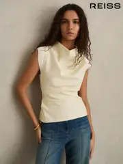 Reiss Pale Yellow Cobi Draped Jersey-Twill Sleeveless Top (AL6658) | $260