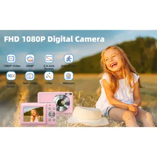 數位相機,FHD 1080P 攝像頭,數位點和拍攝相機,帶 16 倍變焦防抖,小型相機,適合男孩女孩兒童