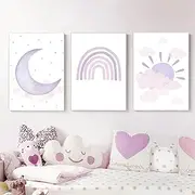 Set of 3 Posters Children's Room Decoration Pictures Children's Room Rainbow Sun Moon Wall Pictures for Boys Girls Living Room Bedroom Wall Decoration Without Frame (30 x 40 cm, Purple)