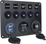 5 Gang Circuit Breaker LED Panel Dual USB Port Circuit Control LED On Off 12V Cigarette Lighter Socket Panel for Car ATV Caravan(Blue)